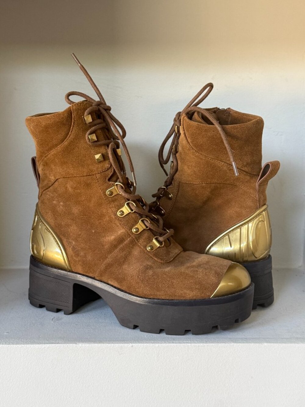 Michael Kors NEW Brown Suede Gold Cap Toe Combat Boots Lug Sole 8M